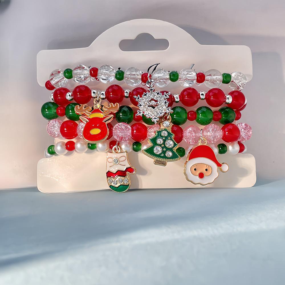 Snowflake & Christmas Tree Beaded Bracelet Set with Cartoon Pendants - Festive Alloy Accessories Gift