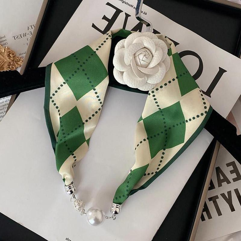 New Luxury Design Magnetic Pearls Button Silk Scarf Women Summer Neck Ornament Silk Scarves Lady Shirt Sunscreen Decoration Gift