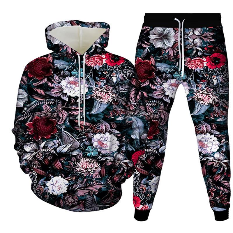 Fashion Floral Flower 3D Print Hoodies Pant Sets Men's Sweatshirts Sweatpants Streetwear Two Piece Suits Tracksuit Man Clothing