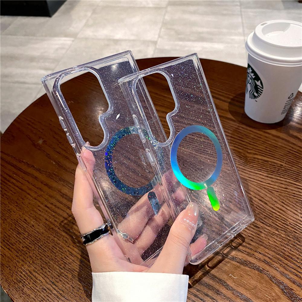 Suitable for Samsung S25 Ultra Colorful Magnetic Phone Case S24FE Transparent Flash Powder S23 Double Sided Coating To Prevent Falling