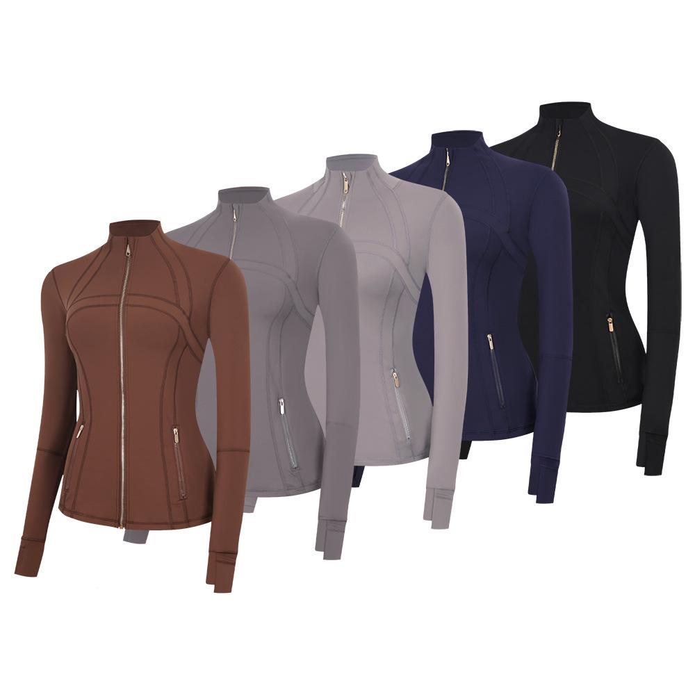 In Stock: LU Women's Slim Fit Yoga Jacket with Gold Zipper - Stand Collar Running Top