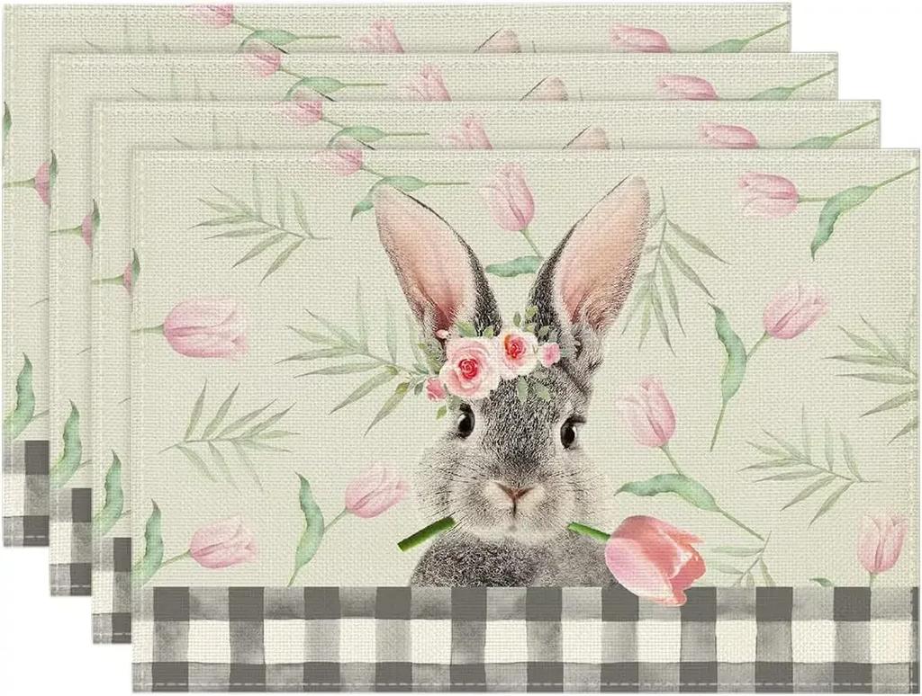 Happy Easter Placemats Set of 4 Bunny Tulip Pink Floral Heat Resistant Washable Farmhouse Place Mats for Dining Table Kitchen