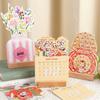 Floral Theme Wooden Base Desk Calendar Vase Shaped Monthly Planner with Detachable Stand Bloomy Flowers Date Display
