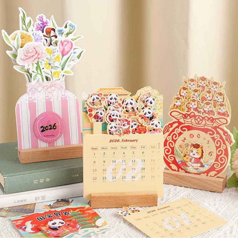 Floral Theme Wooden Base Desk Calendar Vase Shaped Monthly Planner with Detachable Stand Bloomy Flowers Date Display