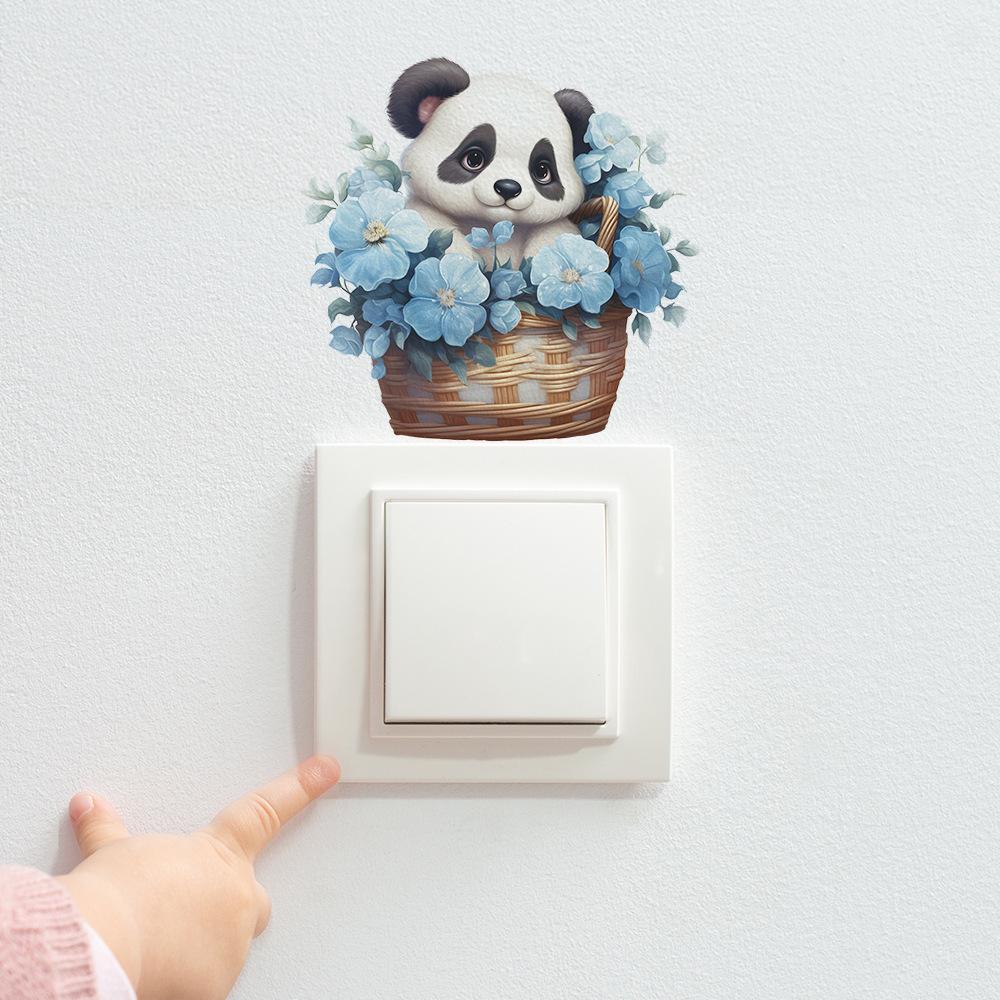 Fun-kg49 Cartoon Cute Panda Flower Basket Switch Paste Bedroom Living Room Home Decoration Wall Stickers Self-adhesive