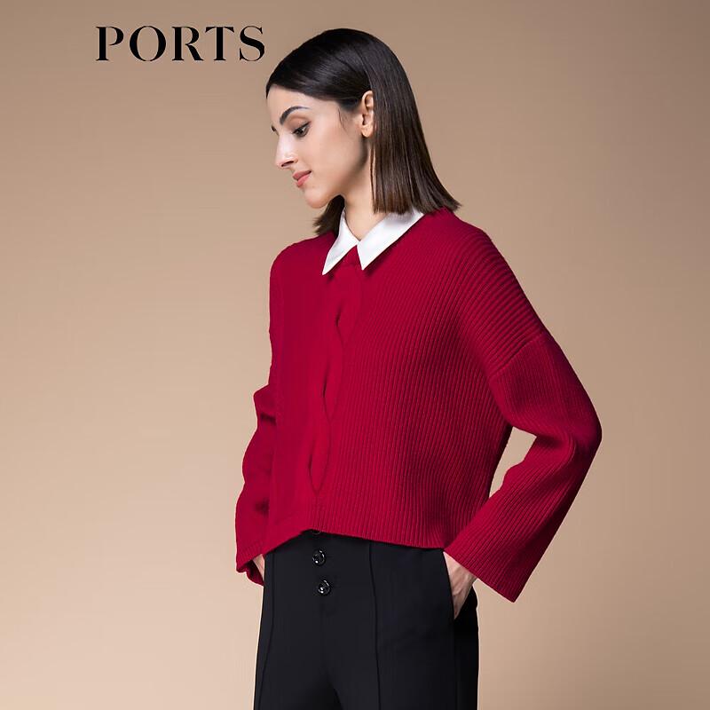 PORTS Women's Dark Red Striped 100% Wool Pullover