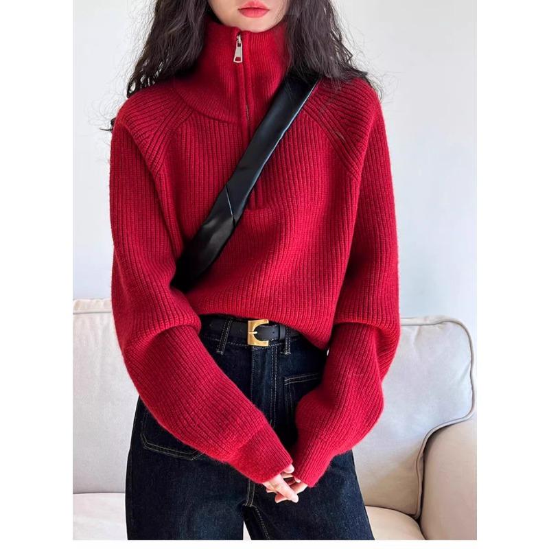 Fashion Autumn Winter Semi-turtleneck Zipper Women Knitted Sweater Long Sleeve Loose Short Tops New Solid Color Office Casual Simple Clothing
