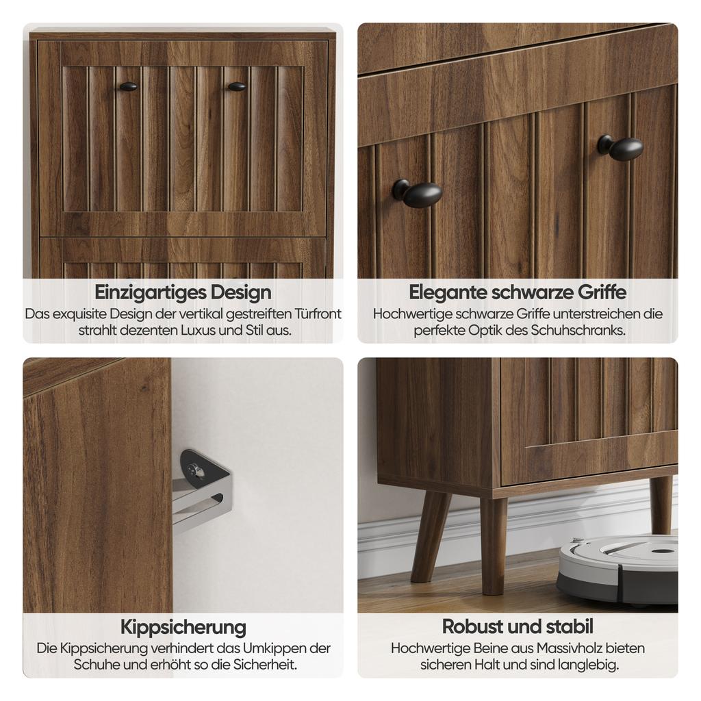60 Cm High, Walnut-Colored Shoe Cabinet, Vertically Grooved Surface, Mid-Century Style, Suitable for Hallways, Passageways and Entrances.