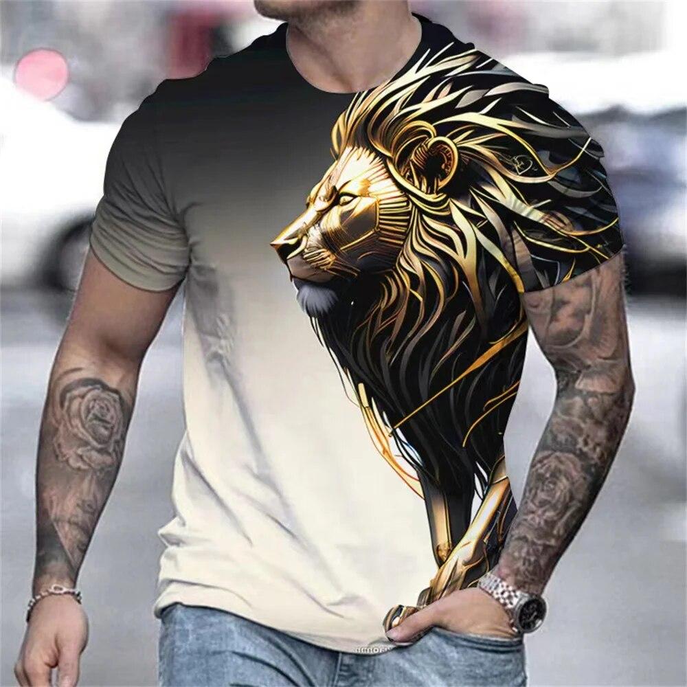 Löwe, Tiger und Wolf 3D-Druck Harajuku Animal Tops Retro Herren Sommer Kurzarm T-Shirt Urlaub Casual