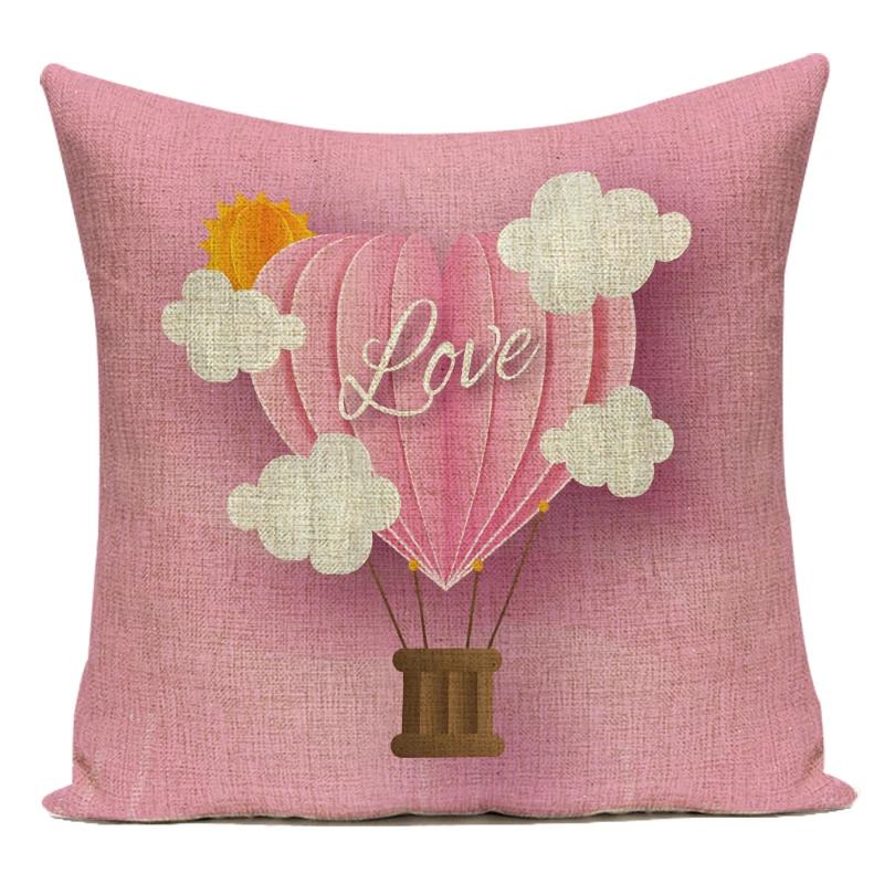 Square Valentine'S Day Lovers Couple Throw Pillow Case Hearts Balloons Print Pillowcase For Sofa Seat Hotel Home Pillow Cover