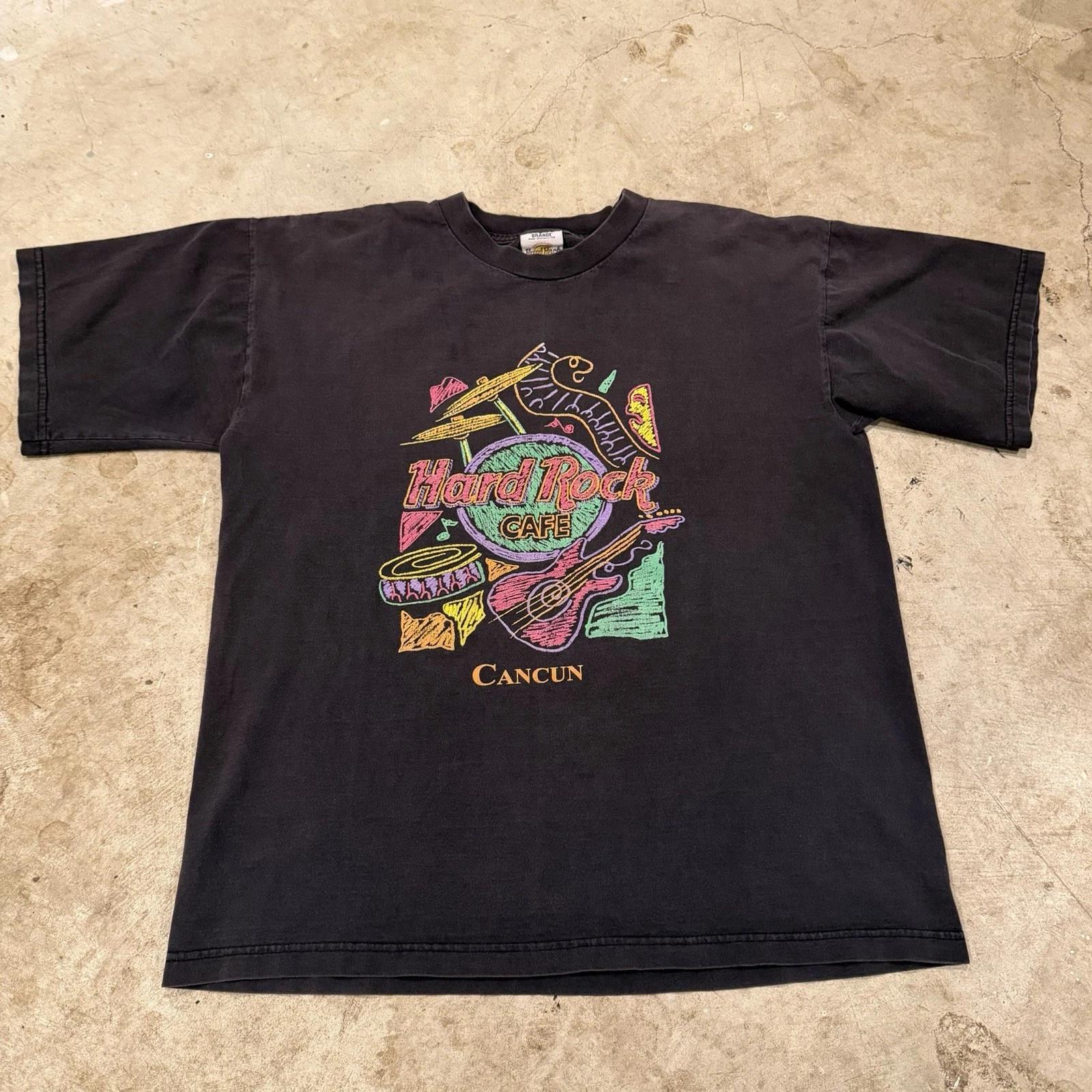 

Vintage Hard Rock Cafe T-Shirt Mens Large FADED Black Cancun Neon Graphic Music 4XL