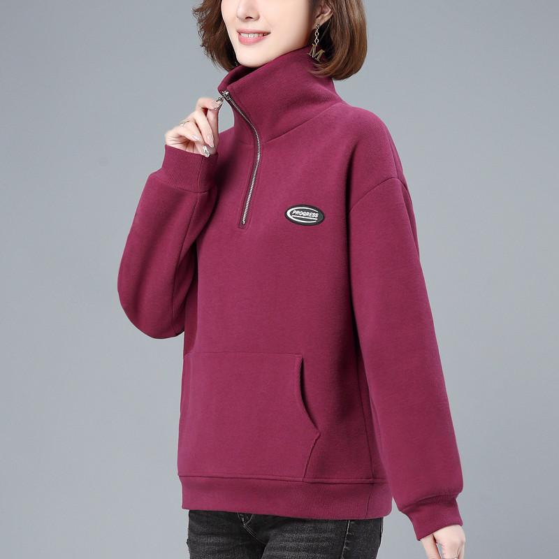 Women's Plus Velvet Thickened Half-Zip Pullover - 2023 Autumn/Winter Fashionable Loose Stand-Up Collar Sweatshirt
