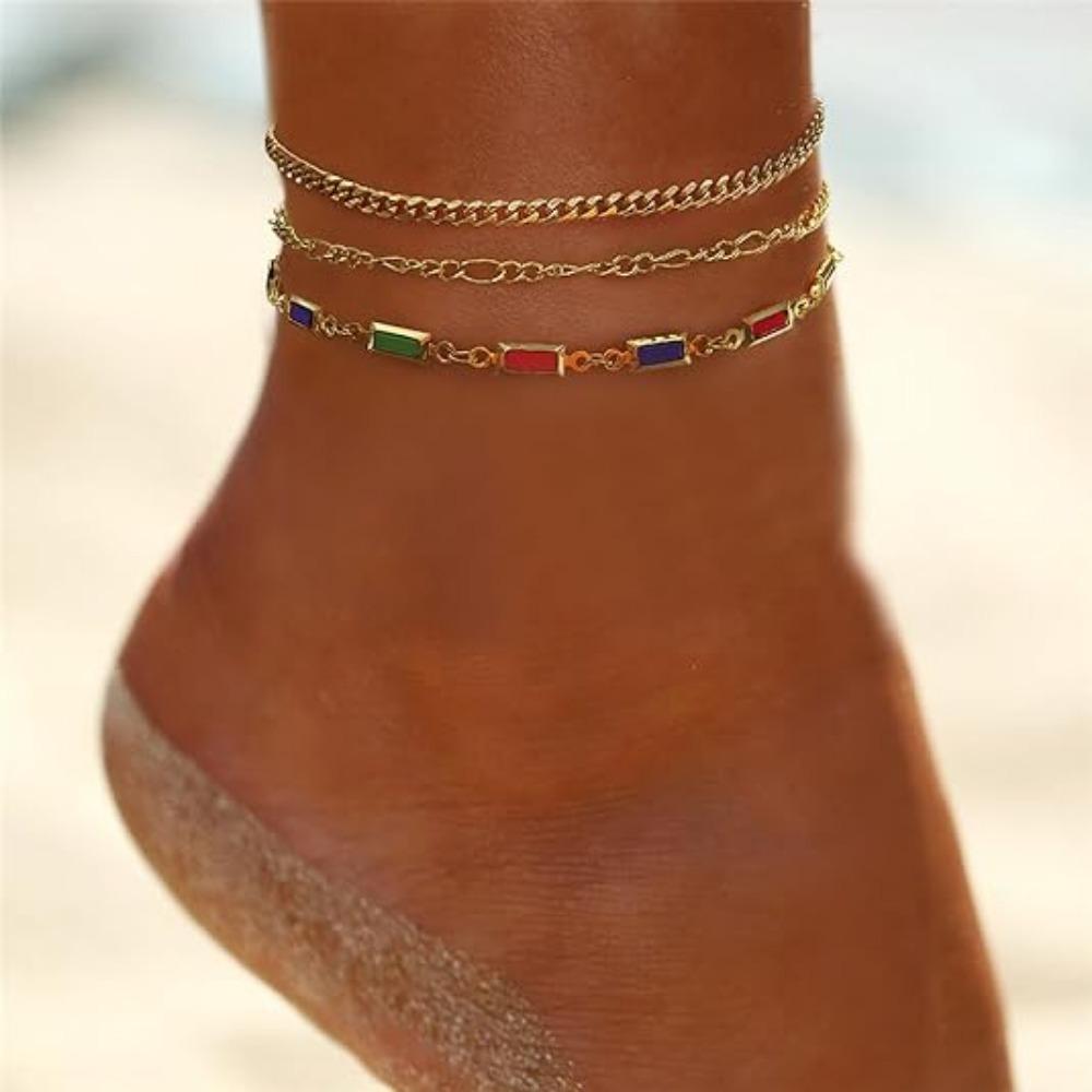 Women's Ankle Bracelet Set. Stackable beaded chains, adjustable for a perfect gift.