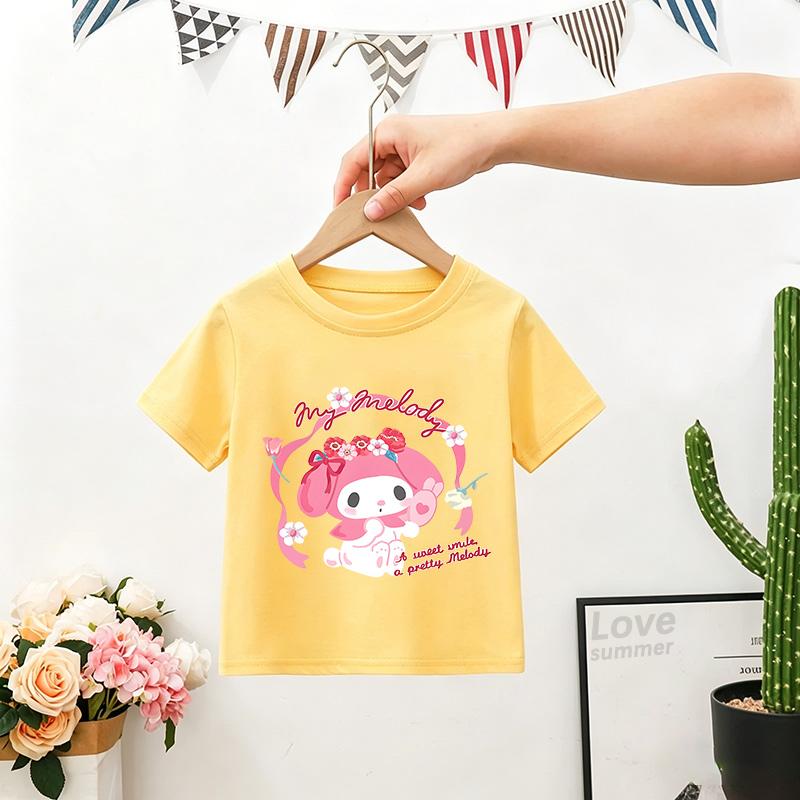 Kuromi Print Summer girls T-shirt My Melody Cute Trend Kawaii Sanrios Girl High Quality Trend Fashion Kid Tops Gift