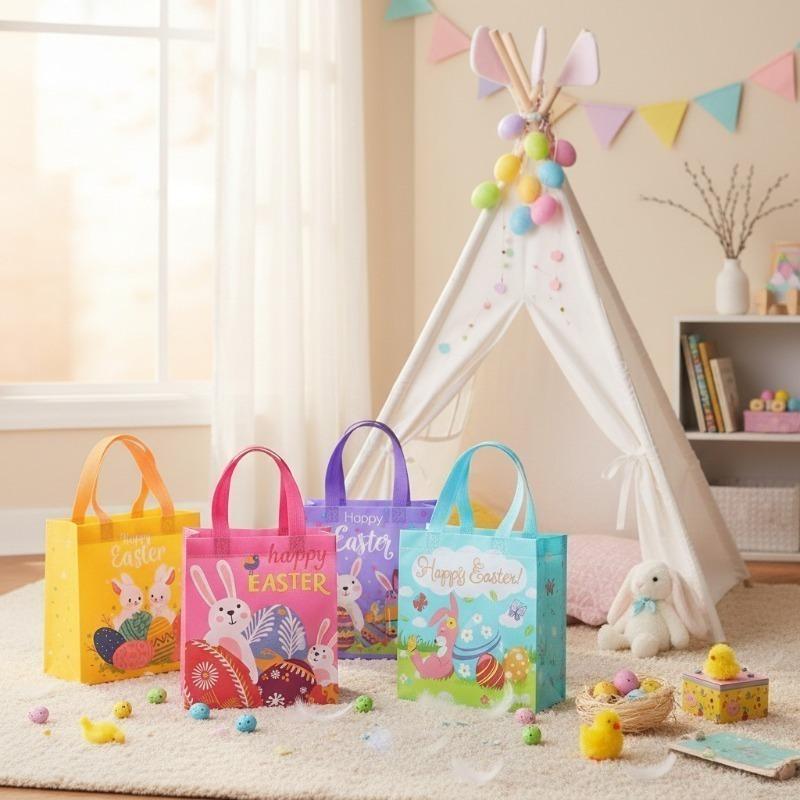 Non Woven Easter Tote Bag Large Dustproof Moistureproof Bunny Egg Print Gift Bag Foldable Shopping Bag Party Gift Storage Bag