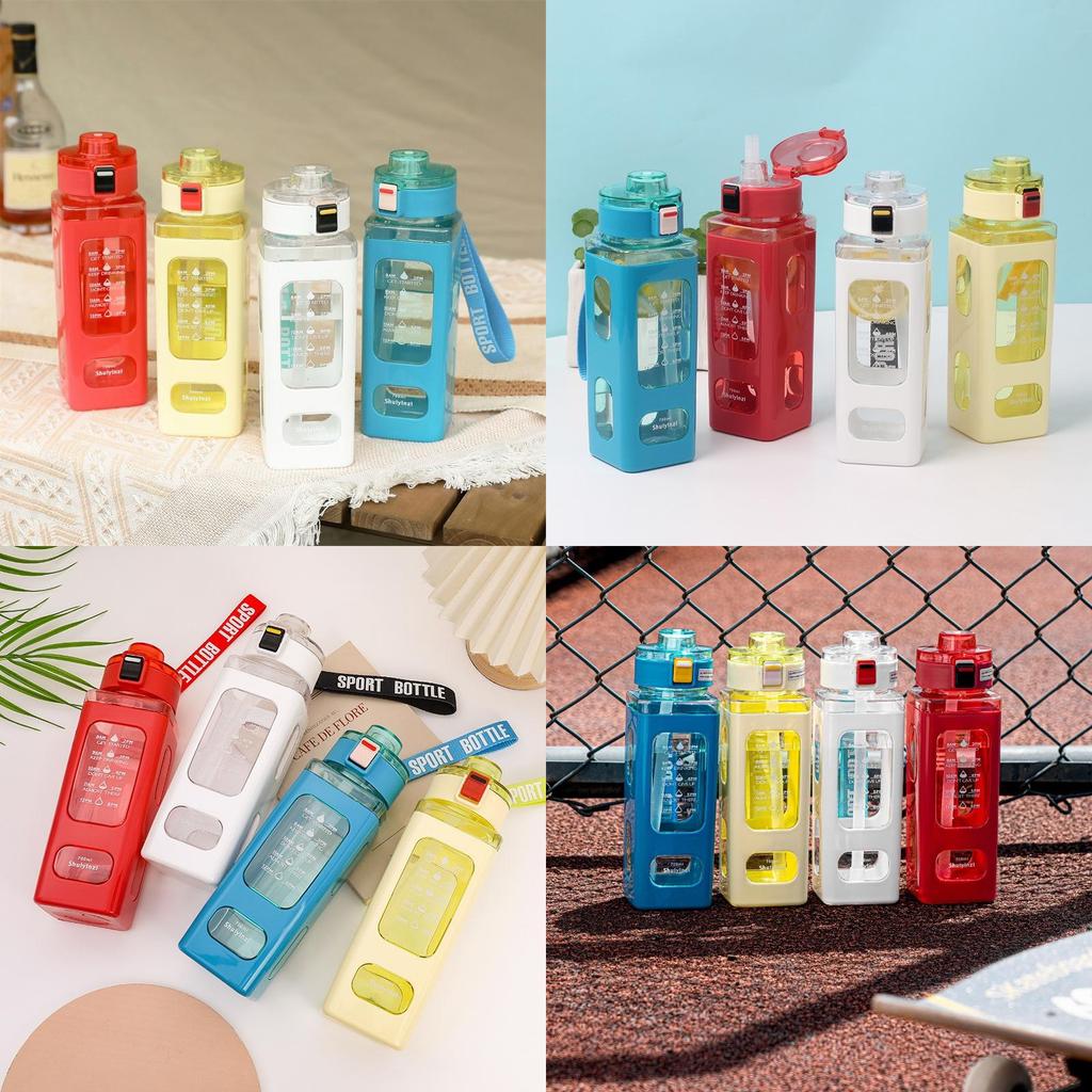 Square Plastic Water Bottle With Handle, Modern Simple Style, Portable Sports Bottle With Straw, 700ml