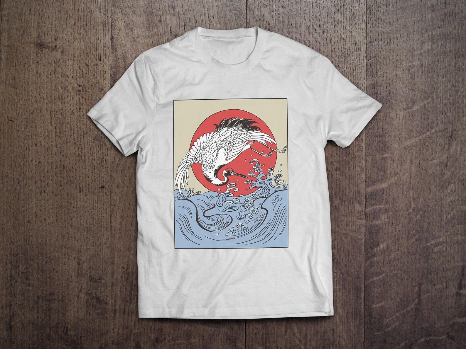 Crane Japanese Art / Heavyweight cotton unisex T shirt with print tee top 2XL