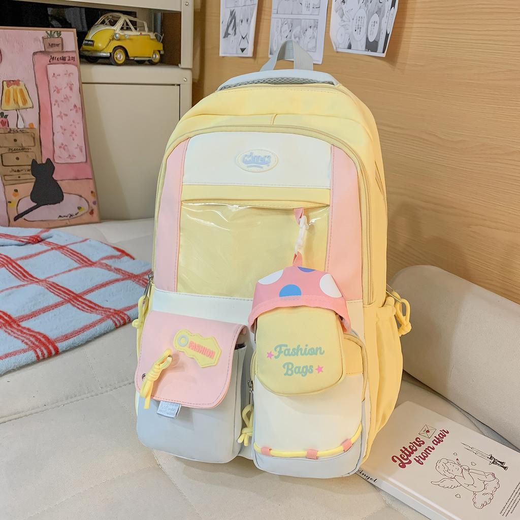 Schoolbag New Japanese Ins High Value, Sweet and Transparent Double Shoulder Schoolbag, Women's Contrasting Color Splicing Large-capacity Backpack