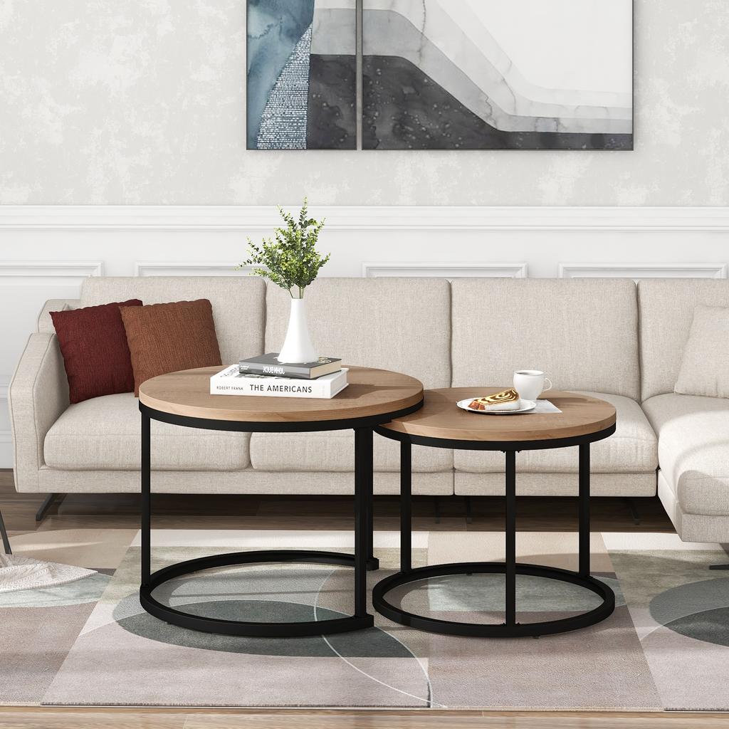 Round Coffee Table 2-Piece Set Coffee Table Living Room Round Nesting Side Table 2 Round Side Table (Oak)