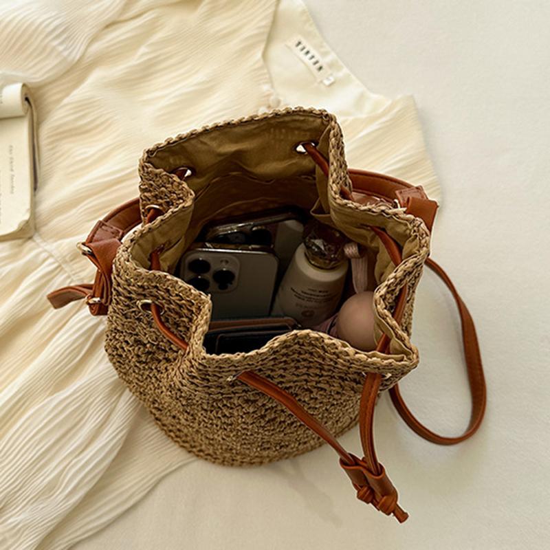 Yazlık Hasır Omuz Çantaları İpli Kadın El Dokuması Kova Çanta Rafya Örgü El Çantaları Günlük Tote Bayan Plaj Çapraz Askılı Çanta
