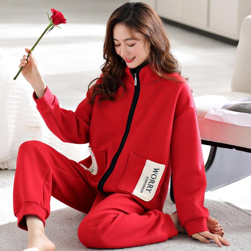 

Пижама из воздушного хлопка женская осенне-зимняя утолщенная из чистого хлопка с длинным рукавом из сэндвич-хлопка зимний теплый костюм 3XL