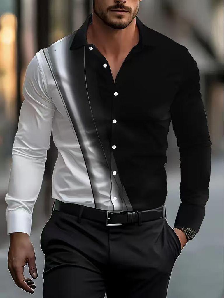 Men's Color Block Stretch Business Casual Long-Sleeved Shirt