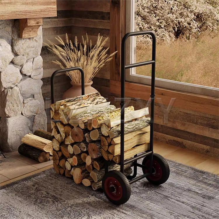 Wood-Burning Vertical Hand Cart Indoor/Outdoor Firewood Rack Storage and Transport Cart Heavy-Duty Steel with Wheels