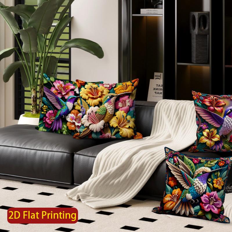 2D Vintage Hummingbird Floral Throw Pillow Covers Pattern Cushion Cover Suitable For Sofa Bedroom Car Pillow Cover