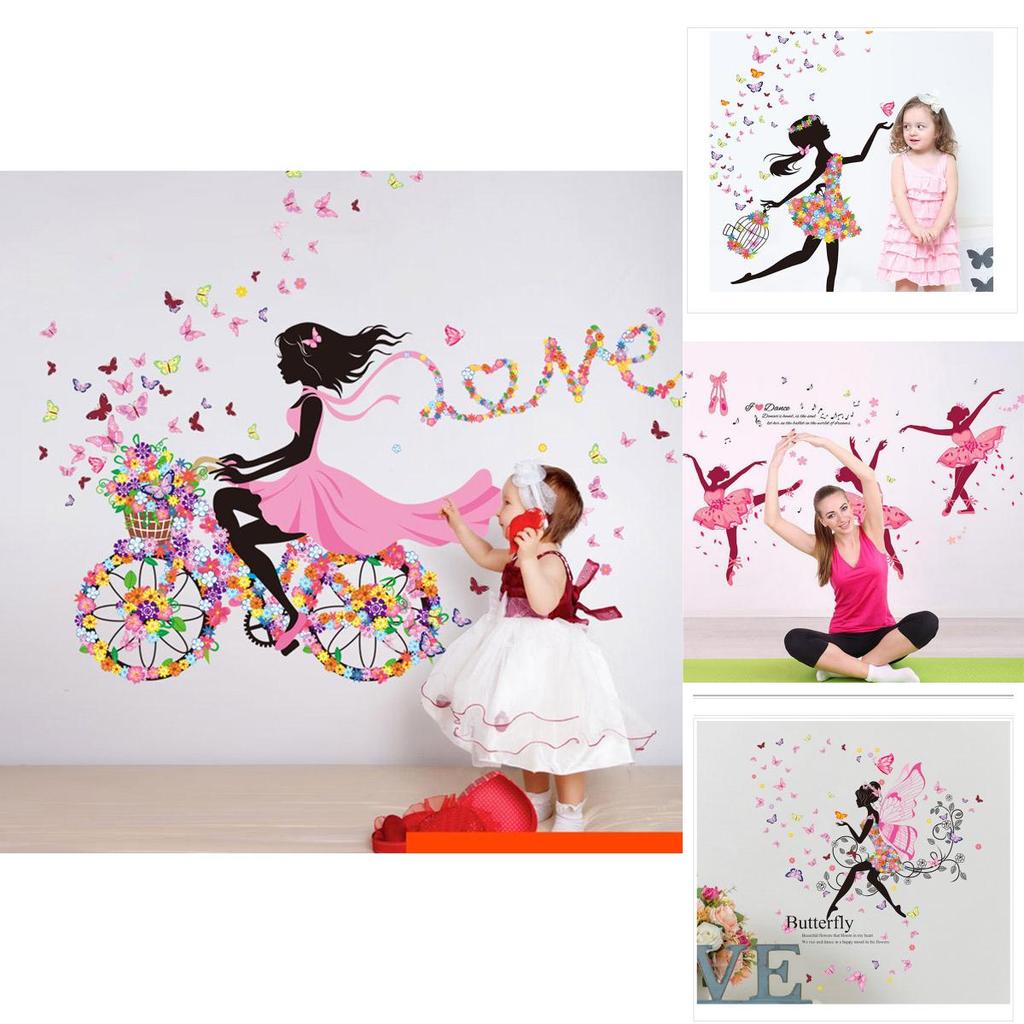 Entzückende PVC Mädchen Kunst Wandaufkleber für Kinderzimmer mit Schmetterlings- und Blumenmustern