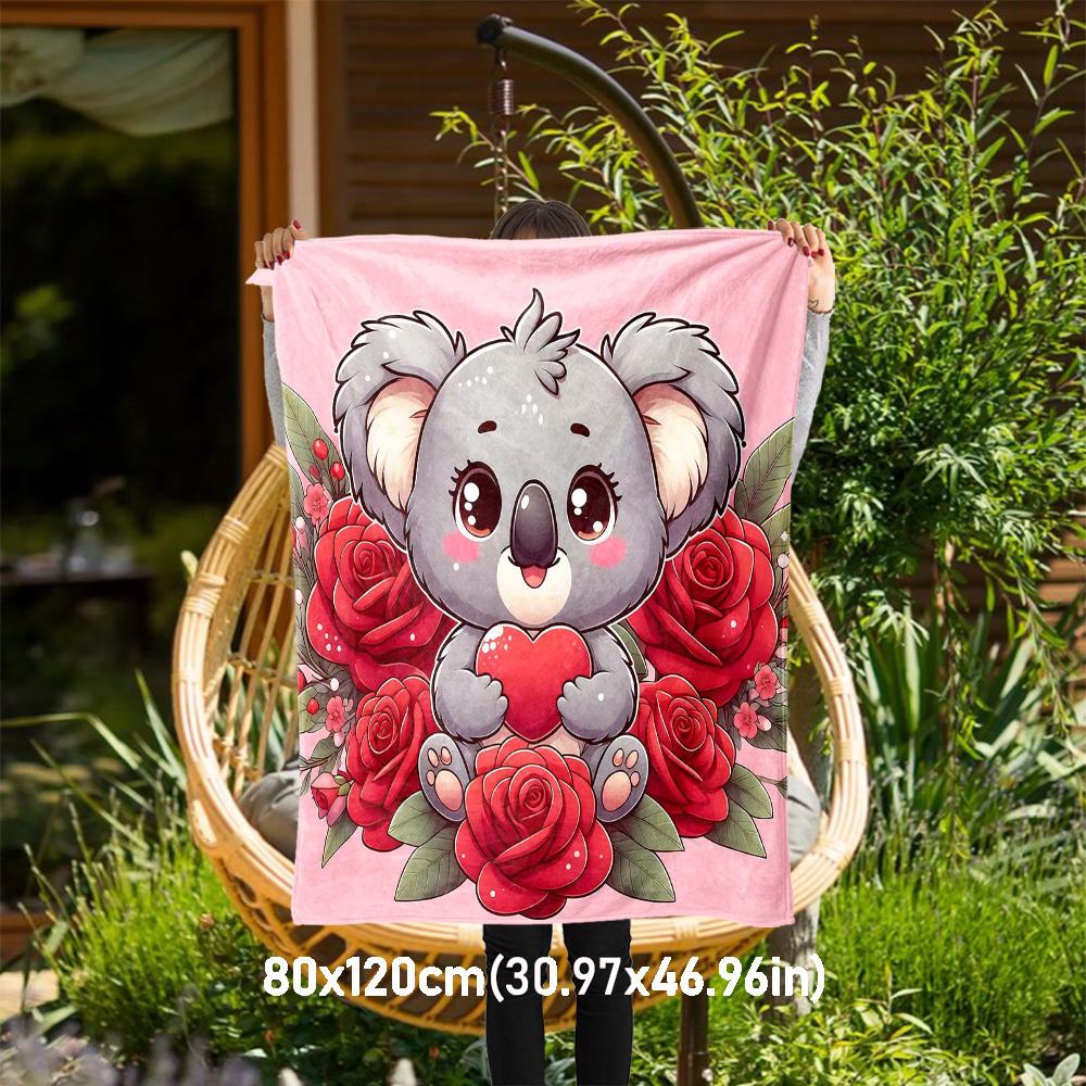 1pc Koala Heart Outdoor Flannel Blanket Soft Warm All-Season Throw for Sofa Bed Car Camping Office, Cozy Gift Idea1322S