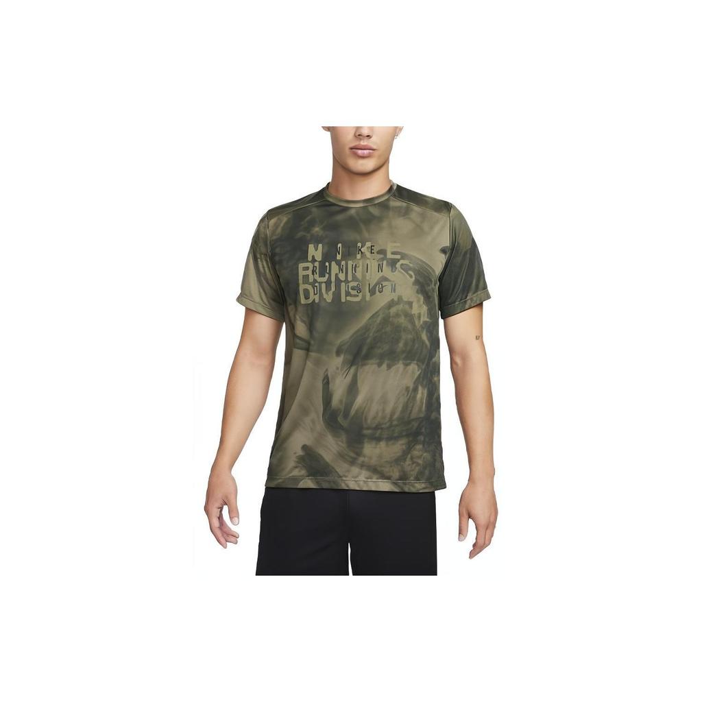 Nike Dri-FIT Run Division Rise 365 Logo Tie-Dye Print Crew Neck T-Shirt Men Tops Olive FB6880-222