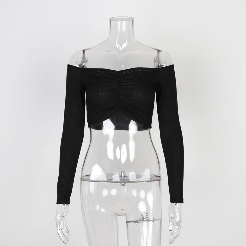Sexy Long Sleeve Off Shoulder T-shirt Crop for Women Spring Summer Autumn Basic Tees Fashion Female T-shirt Solid Color Tops