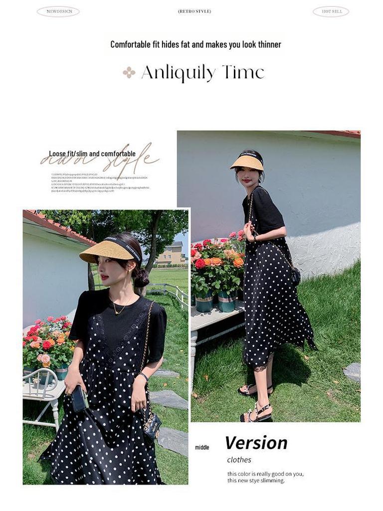 Abito a due pezzi con pois neri e patchwork, estate 2024 - Stile coreano, Vestibilità ampia e slim, Dolce gonna lunga per donna