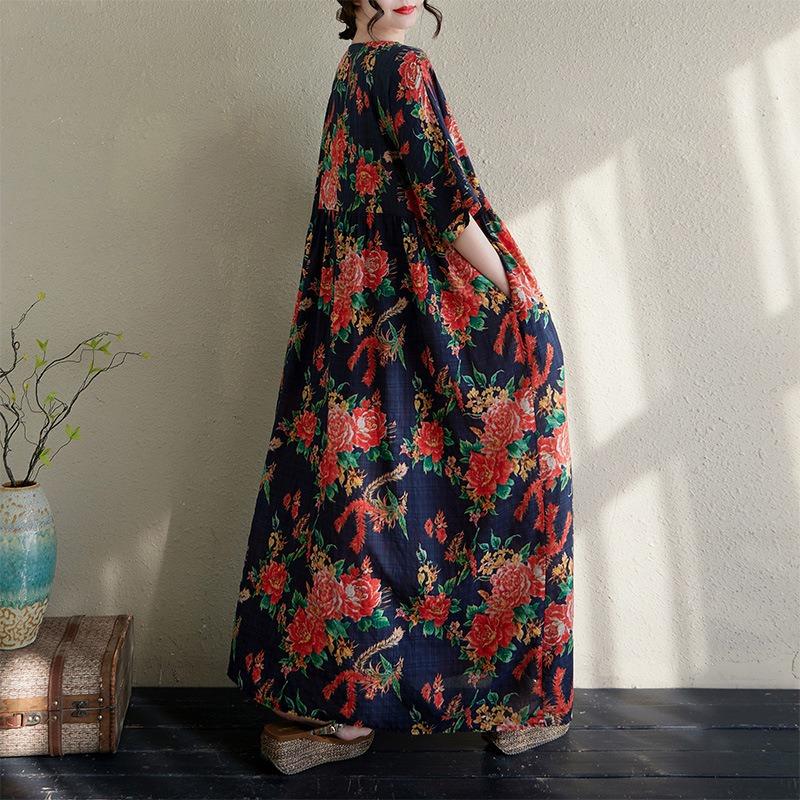 Real Shot Summer Thin Cotton and Linen Round Neck Short Sleeve Flower Simple Bohemian Long Dress Skirt Women