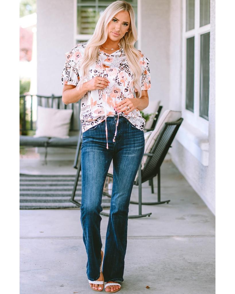 Azura Exchange Leopard Floral Print Puff Sleeve Blouse