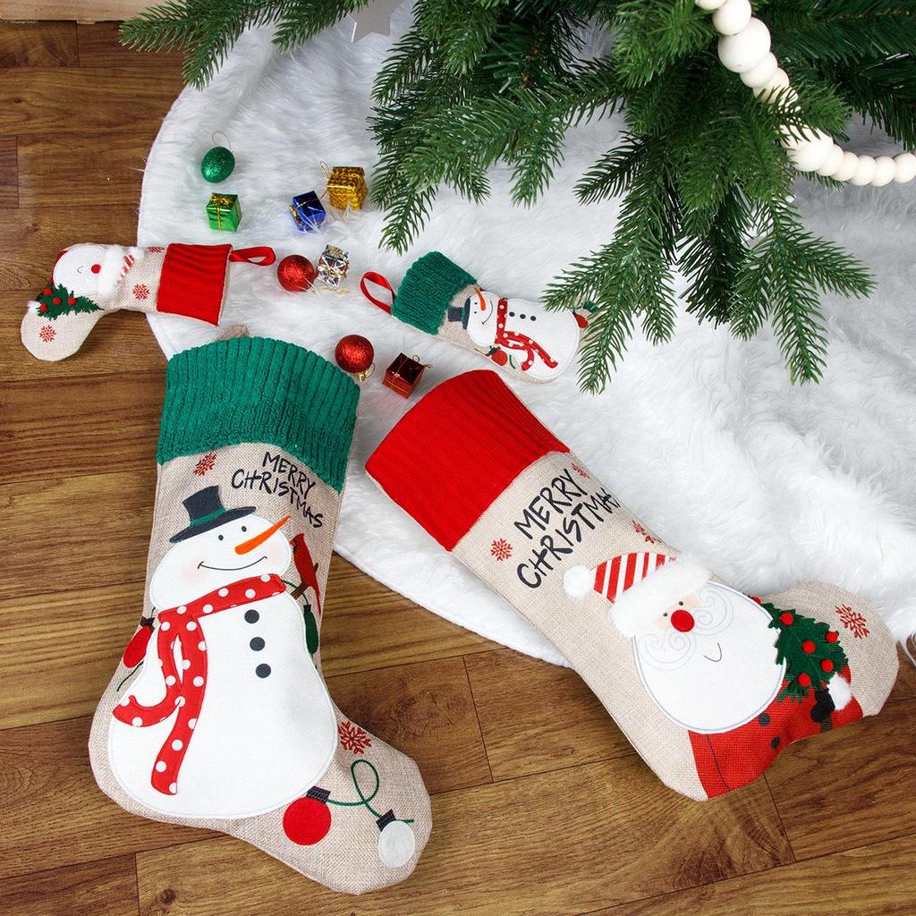 New Burlap Embroidered Snowman Christmas Stocking & Candy Gift Bag