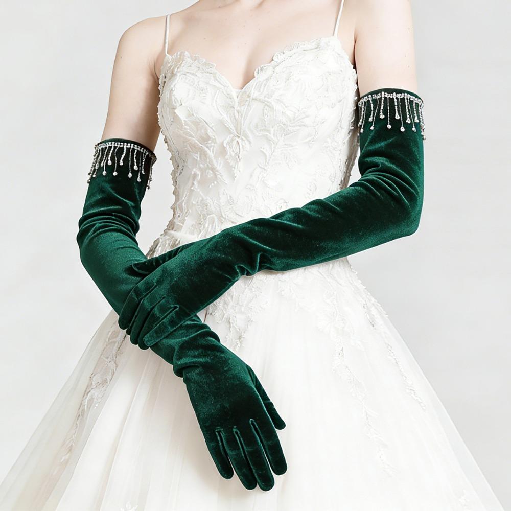Solid Color Velvet Long Gloves Rhinestone Tassel Evening Dress Gloves  Dress-Up  Accessories
