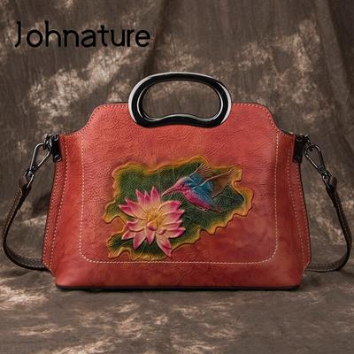 First Layer Cow Leather Women Bag Handmade Embossed Handbag Large Capacity Female Shoulder Messenger Bags