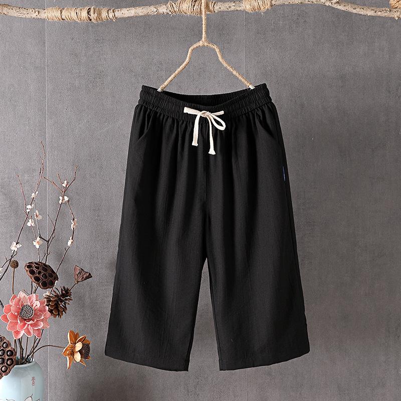 Women's High Rise Drawstring Waist Wide Leg Capri Pants Loose Fit Vintage Linen Blend Cropped Trousers
