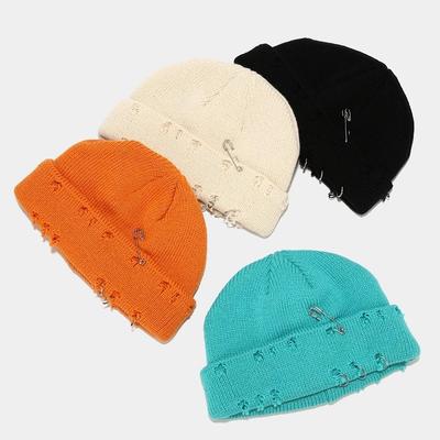 Winter Warm Ripped Beanies Man Women Knitted Hip Hop Hat Distressed Skull Beanies Cap with Hole Pin