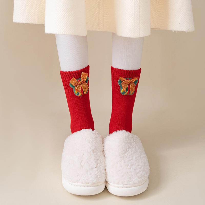 Female Autumn and Winter Hair Circle Christmas Three Dimensional Cartoon Cute Accessories This Year Red Tube Cotton Socks