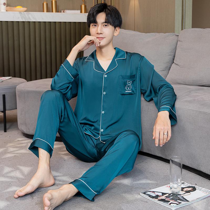 Couple pajamas, women's spring and autumn ice silk long-sleeve loose plus-size loungewear, autumn solid color set, men's 10111+N111