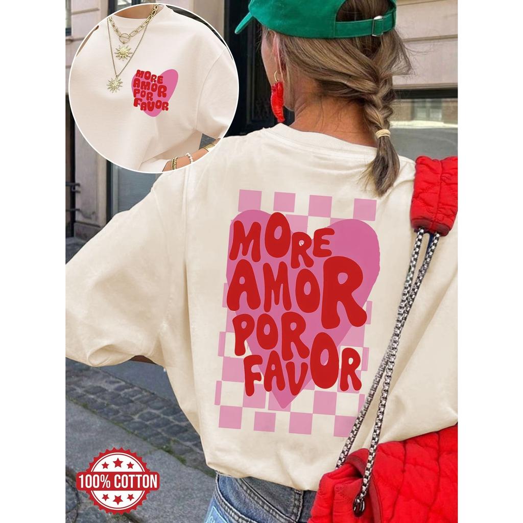 Loose Cotton More Amor Por Favor Women's Retro Spanish Love Graphic Casual Summer Top Aesthetic T Shirts Tops Women Clothing