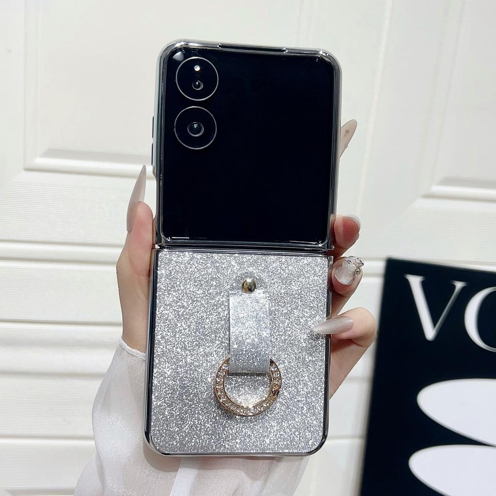 For Xiaomi Mix Flip 2 Case Electroplated Glitter PU Leather+PC Protective Cover with Portable Ring Strap