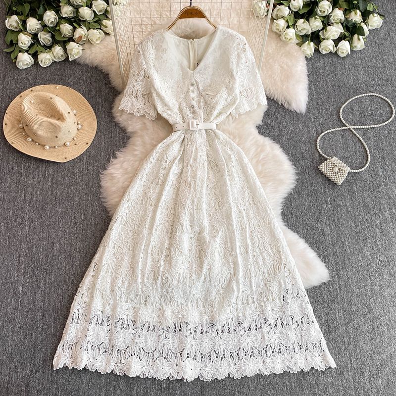 

Fancy Accessible Luxury Ladies Elegant Short Sleeve V-neck Waist-Controlled Slimming A- line Cut Out Lace Dress Elegance Long Skirt White XL