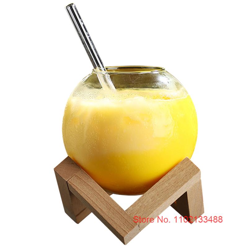 475ml Clear Moon Cocktail Glass With Wood Stand Unique Shape Bar Glassware Drum Drink Cup Ronud Ball Cocktail Cup Smoothie Bowl