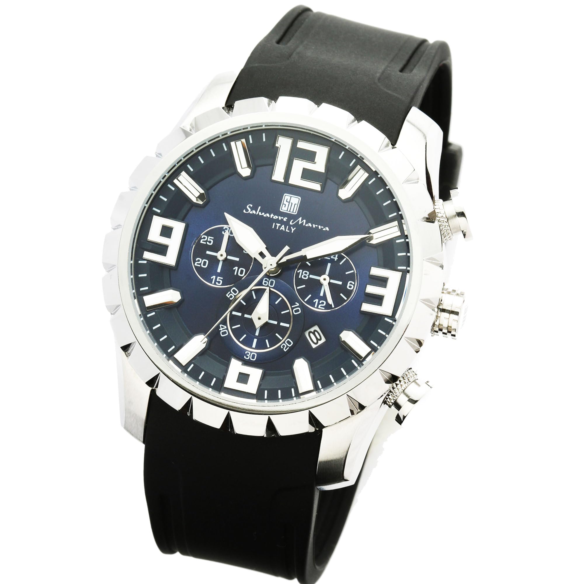 

Salvatore Marra Men s Chronograph Watch SM22111 10 ATM Water Resistant Rubber Strap Black and White Japan Movement Date Calendar 24-Hour Display