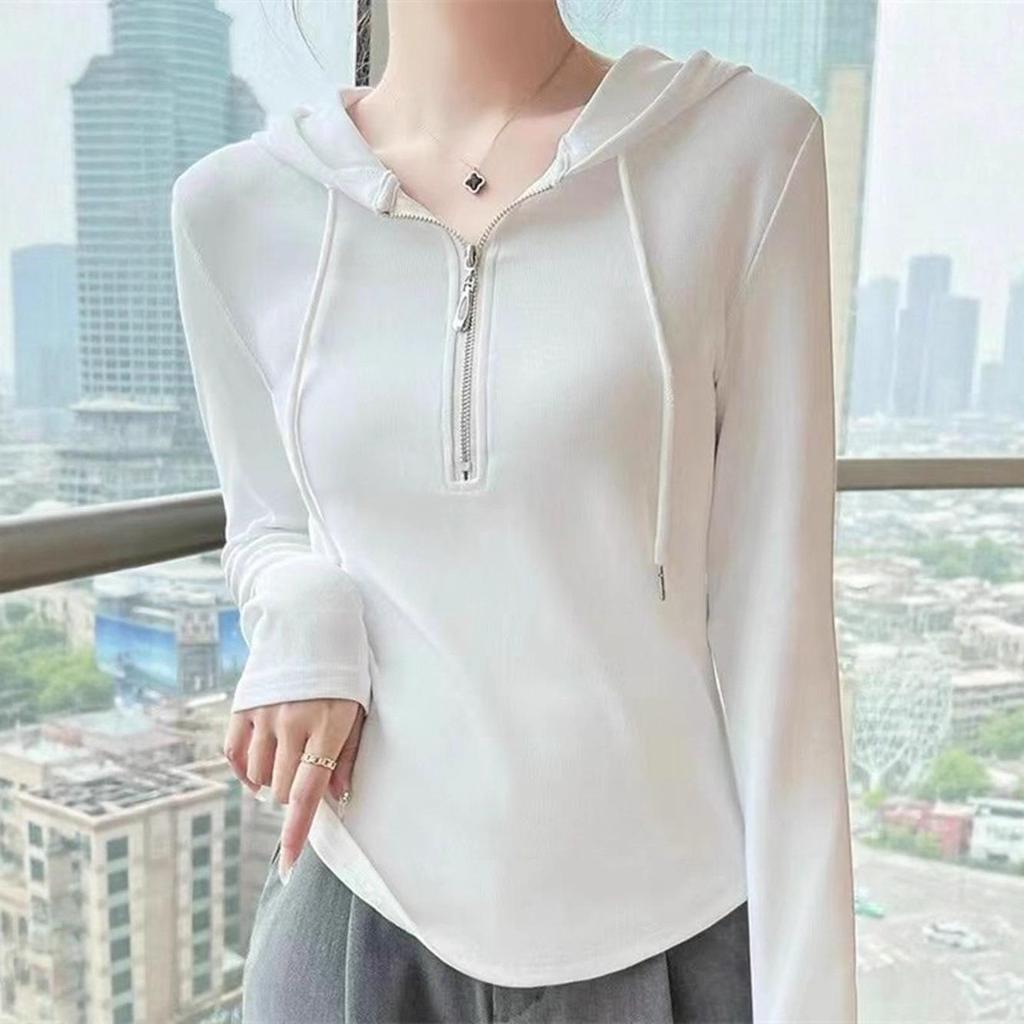 Women's Slim-Fit Half-Zip Cotton Hoodie - Long-Sleeve Versatile Casual Top for Autumn/Winter
