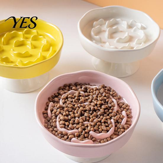 High Base Pet Bowl Raised Slow Feeder Bowl, Ceramic Down Eating Food Vomiting Prevention Anti Dish for Small Medium Dogs & Cats Cat