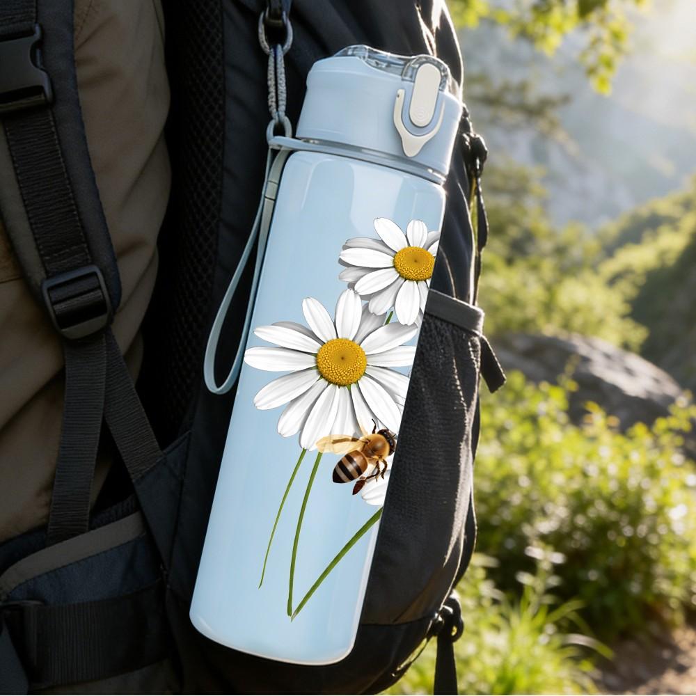 1PC White Daisy Yellow Center Flower Print 750ml Color Plastic Sports Water Bottle Leakproof Flip Straw Lid Suitable for Sports Office Home Use